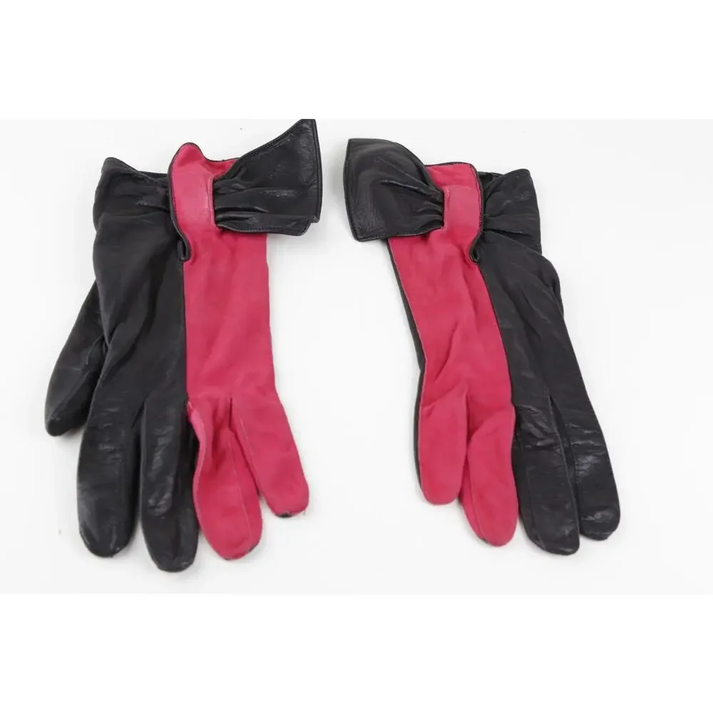 RARE Vintage Pierre Cardin Red Black Leather Suede Bow Gloves Size 7.5 France